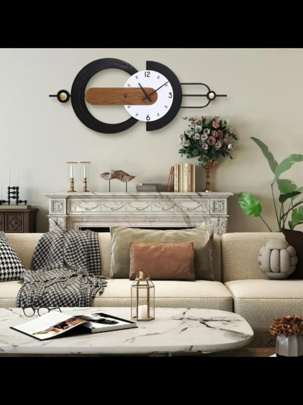 Modern Black & Wood Decorative Wall Clock with White Dial